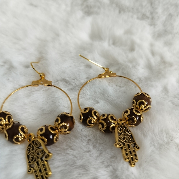 Hamsa Hand Charm Pendant With Coffee Brown beads - Picture 3 of 6